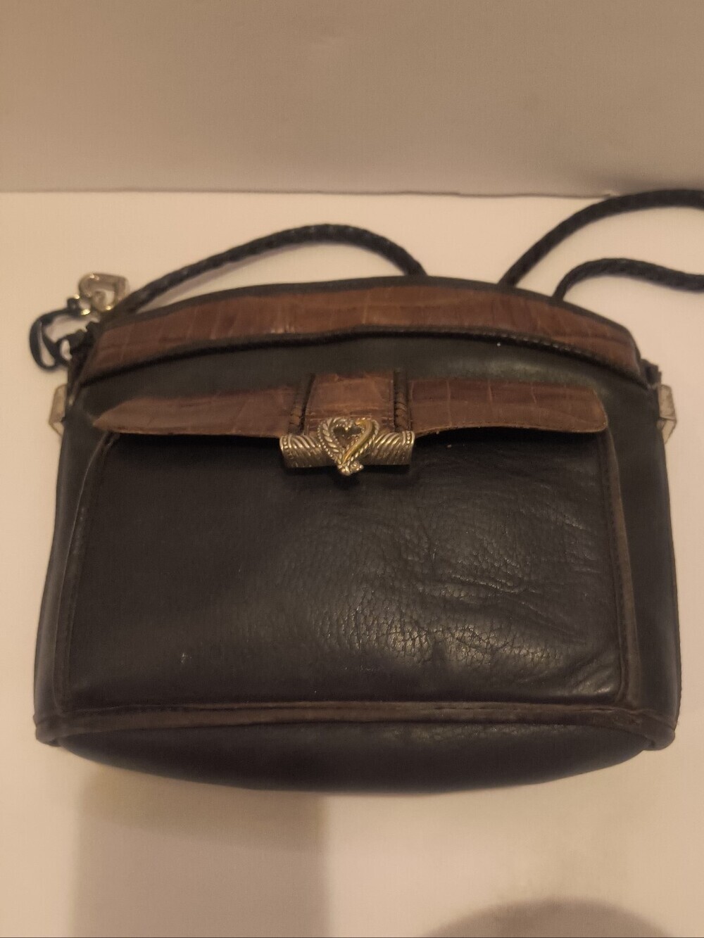 Vintage 1990s Brighton Black & Brown Croc Crossbody Organizer Bag
